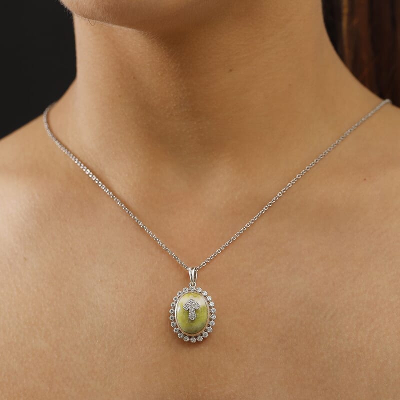 Connemara Marble and White Zircon 11.50 ctw Celtic Cross Pendant in Platinum Over Sterling Silver with Stainless Steel Necklace 20 Inches