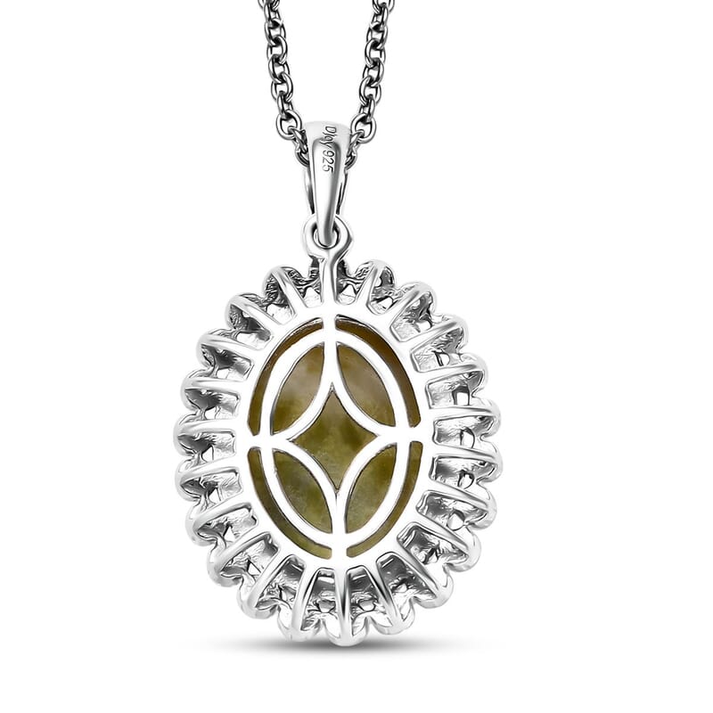 Connemara Marble and White Zircon 11.50 ctw Celtic Cross Pendant in Platinum Over Sterling Silver with Stainless Steel Necklace 20 Inches