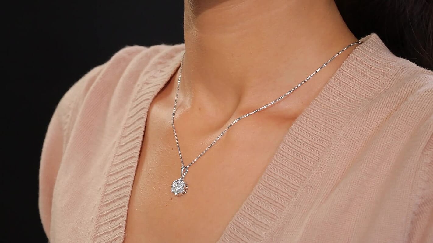 Moissanite (Rnd 4mm) Floral Pendant Necklace in Rhodium Over Sterling Silver (20 Inches) 1.30 ctw