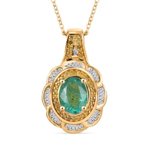 Kagem Zambian Emerald, Yellow Diamond (IR) and White Diamond 1.64 ctw Royal Scarlet Pendant Necklace in 18K Vermeil Yellow Gold Over Sterling Silver