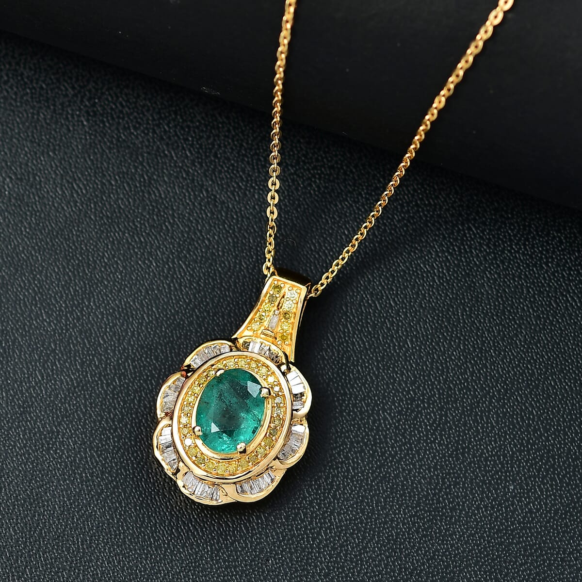 Kagem Zambian Emerald, Yellow Diamond (IR) and White Diamond 1.64 ctw Royal Scarlet Pendant Necklace in 18K Vermeil Yellow Gold Over Sterling Silver image number 1