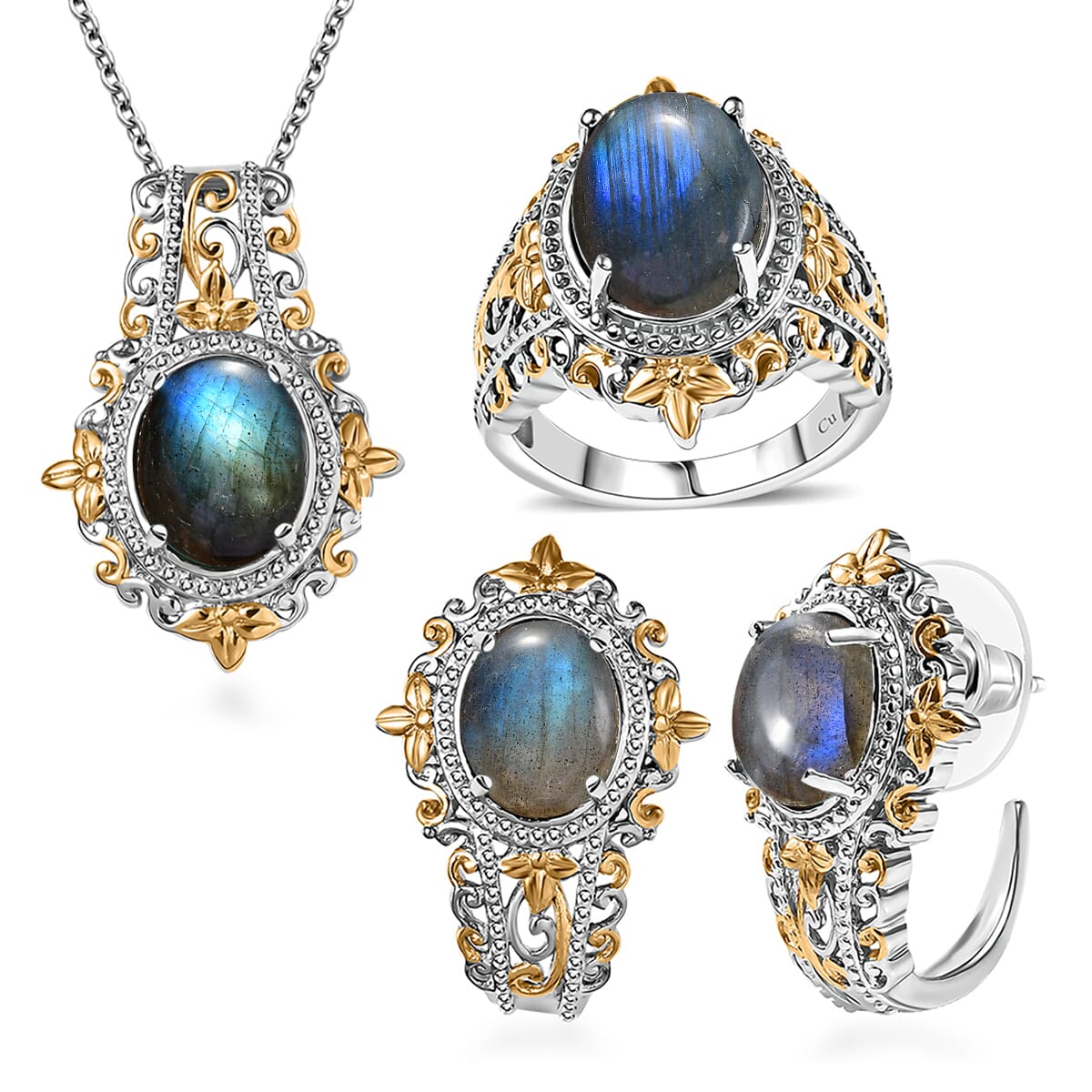 AAA Malagasy Labradorite 15.10 ctw Earrings, Ring (Size 5.0) and Pendant in 14K YG and Platinum Over Copper with Magnet with Stainless Steel Necklace 20 Inches image number 0
