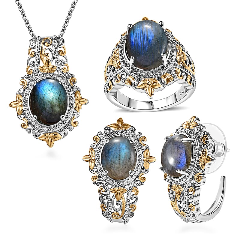 Malagasy Labradorite 15.10 ctw Earrings, Ring (Size 5.0) and Pendant in 14K YG and Platinum Over Copper with Magnet with Stainless Steel Necklace 20 Inches