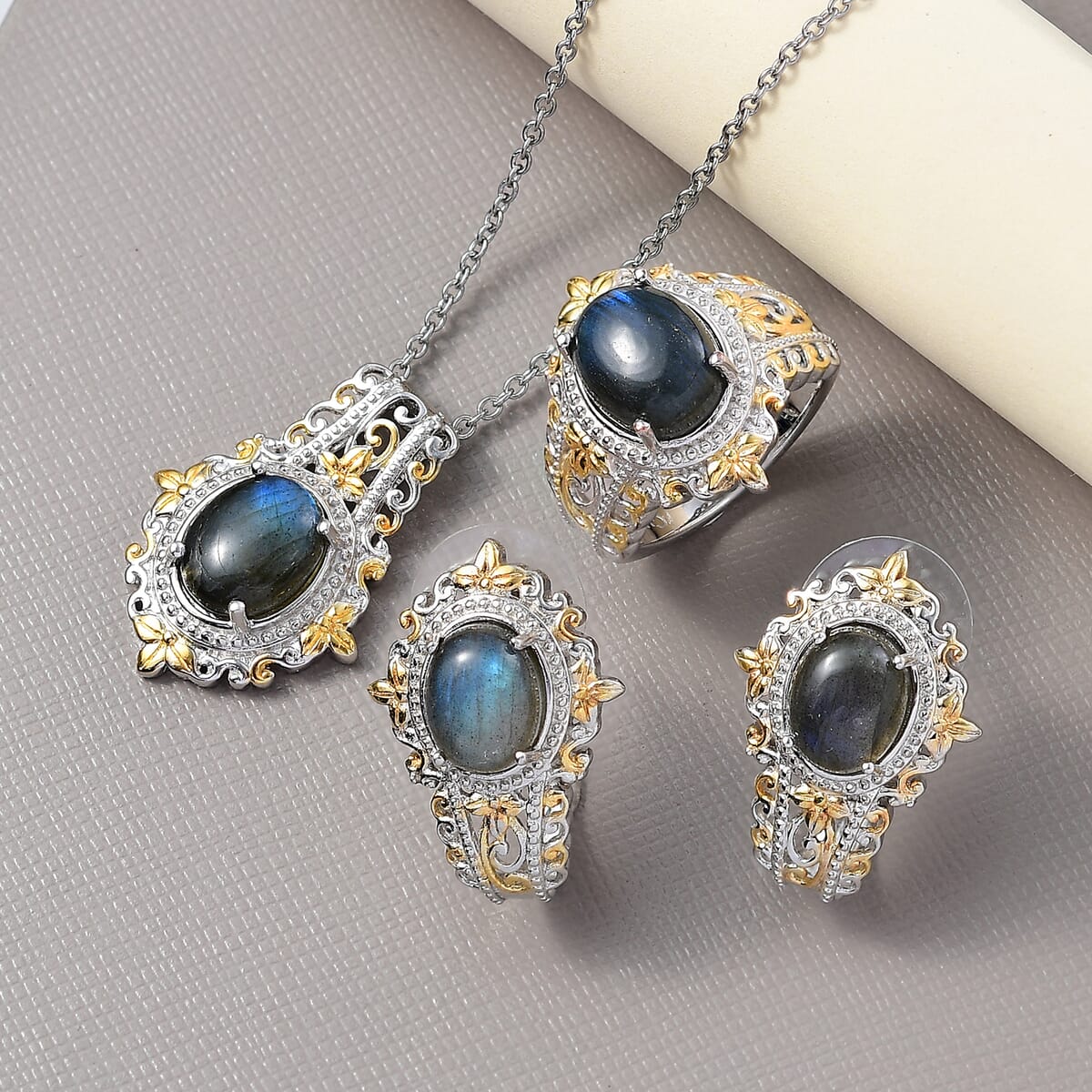 AAA Malagasy Labradorite 15.10 ctw Earrings, Ring (Size 5.0) and Pendant in 14K YG and Platinum Over Copper with Magnet with Stainless Steel Necklace 20 Inches image number 1