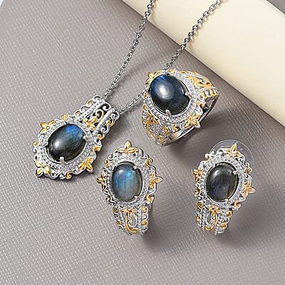 Malagasy Labradorite 15.10 ctw Earrings, Ring (Size 5.0) and Pendant in 14K YG and Platinum Over Copper with Magnet with Stainless Steel Necklace 20 Inches