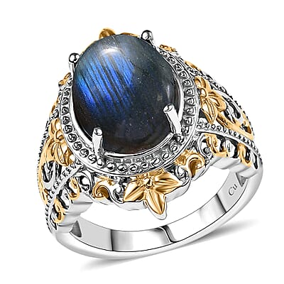 Malagasy Labradorite 15.10 ctw Earrings, Ring (Size 5.0) and Pendant in 14K YG and Platinum Over Copper with Magnet with Stainless Steel Necklace 20 Inches