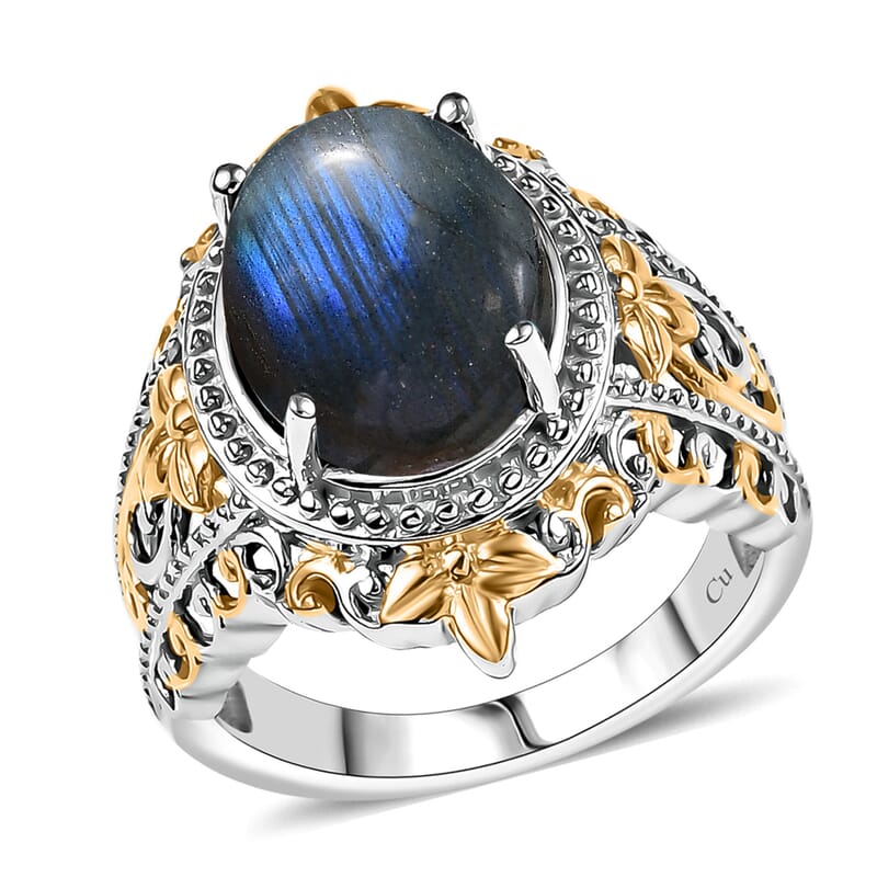Malagasy Labradorite 15.10 ctw Earrings, Ring (Size 5.0) and Pendant in 14K YG and Platinum Over Copper with Magnet with Stainless Steel Necklace 20 Inches