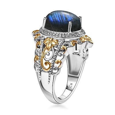 Malagasy Labradorite 15.10 ctw Earrings, Ring (Size 5.0) and Pendant in 14K YG and Platinum Over Copper with Magnet with Stainless Steel Necklace 20 Inches