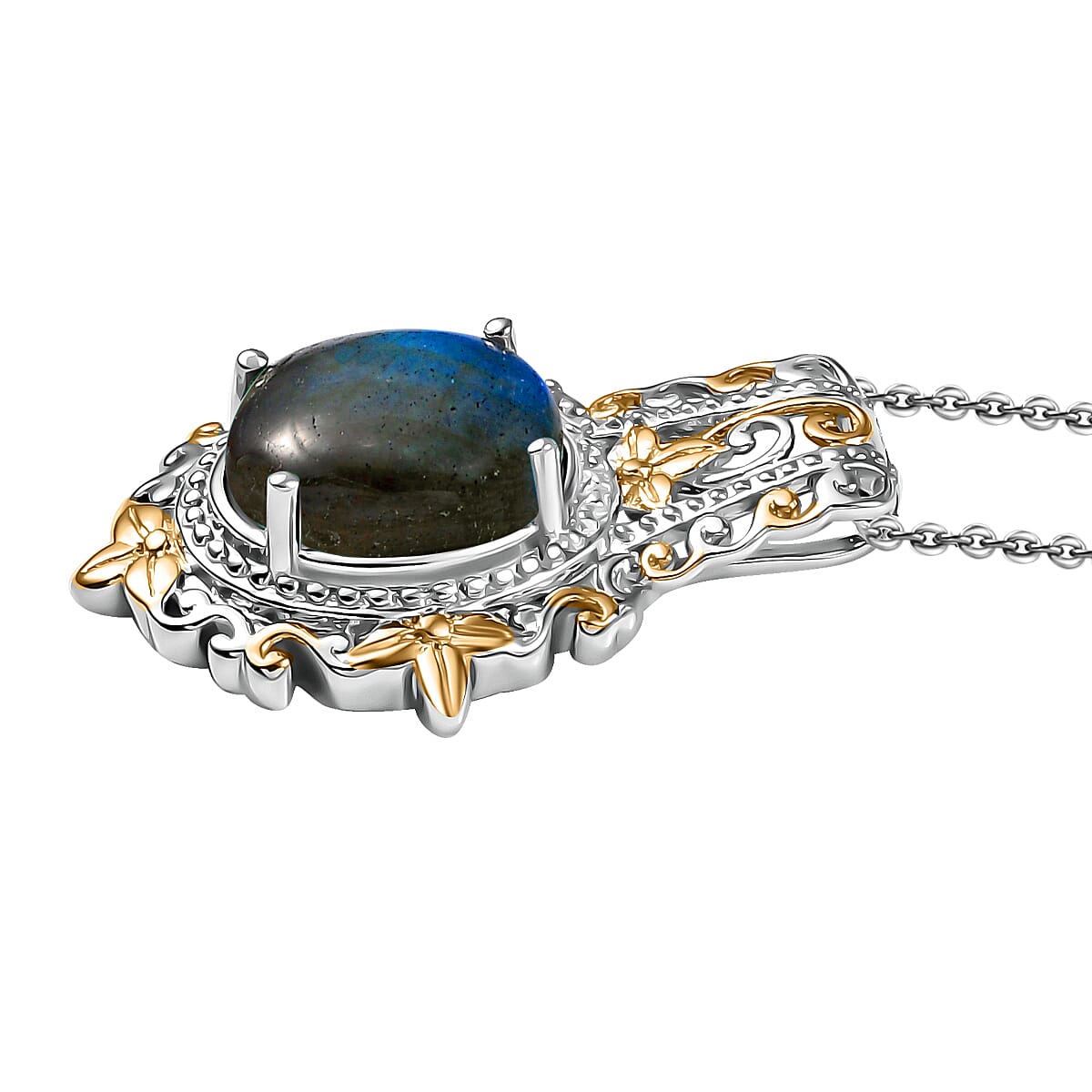 Malagasy Labradorite 15.10 ctw Earrings, Ring (Size 5.0) and Pendant in 14K YG and Platinum Over Copper with Magnet with Stainless Steel Necklace 20 Inches