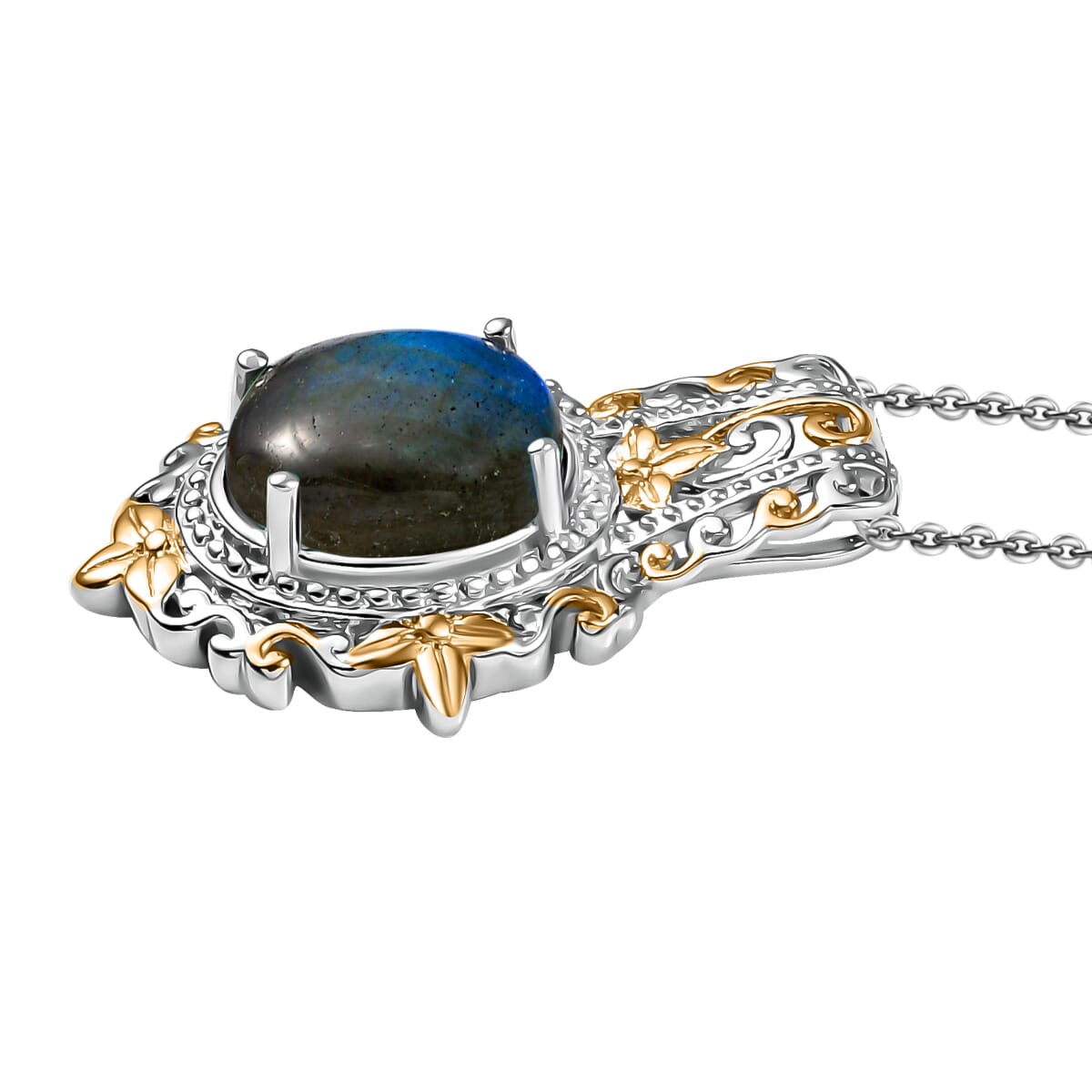 AAA Malagasy Labradorite 15.10 ctw Earrings, Ring (Size 5.0) and Pendant in 14K YG and Platinum Over Copper with Magnet with Stainless Steel Necklace 20 Inches image number 6