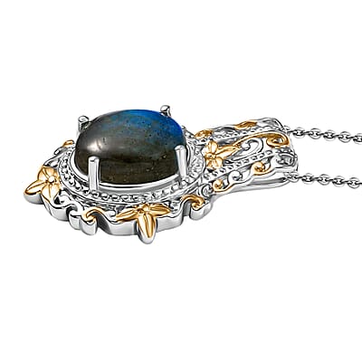 Malagasy Labradorite 15.10 ctw Earrings, Ring (Size 5.0) and Pendant in 14K YG and Platinum Over Copper with Magnet with Stainless Steel Necklace 20 Inches