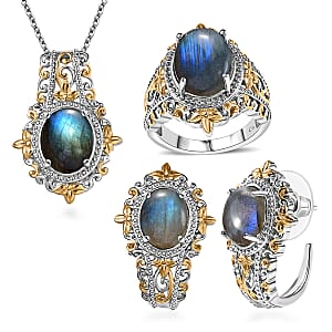 Malagasy Labradorite 15.10 ctw Earrings, Ring (Size 9.0) and Pendant in 14K YG and Platinum Over Copper with Magnet with Stainless Steel Necklace (20 Inches)