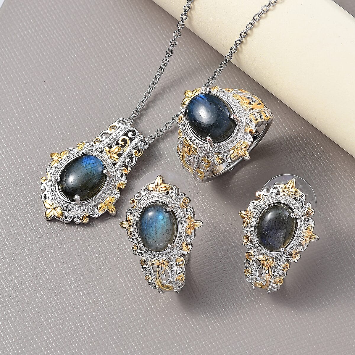 Malagasy Labradorite 15.10 ctw Earrings, Ring (Size 9.0) and Pendant in 14K YG and Platinum Over Copper with Magnet with Stainless Steel Necklace (20 Inches) image number 1