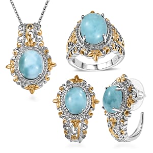 Larimar 14.90 ctw Earrings, Ring (Size 5.0), Pendant in 14K YG and Platinum Over Copper with Stainless Steel Necklace 20 Inches