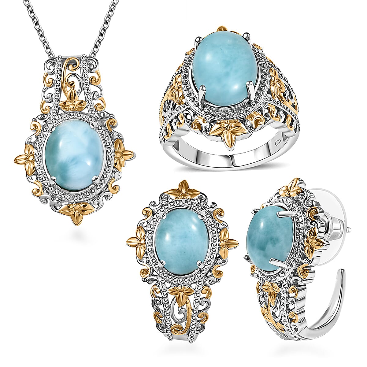 Larimar 14.90 ctw Earrings, Ring (Size 6.0), Pendant in 14K YG and Platinum Over Copper with Stainless Steel Necklace 20 Inches image number 0