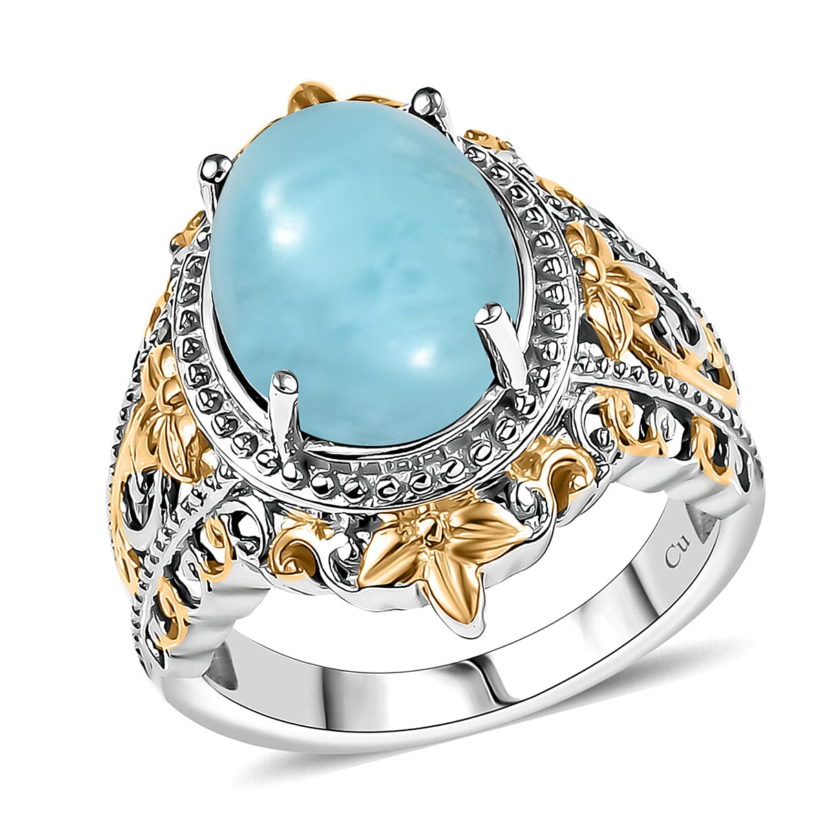 Larimar 14.90 ctw Earrings, Ring (Size 6.0), Pendant in 14K YG and Platinum Over Copper with Stainless Steel Necklace 20 Inches image number 3