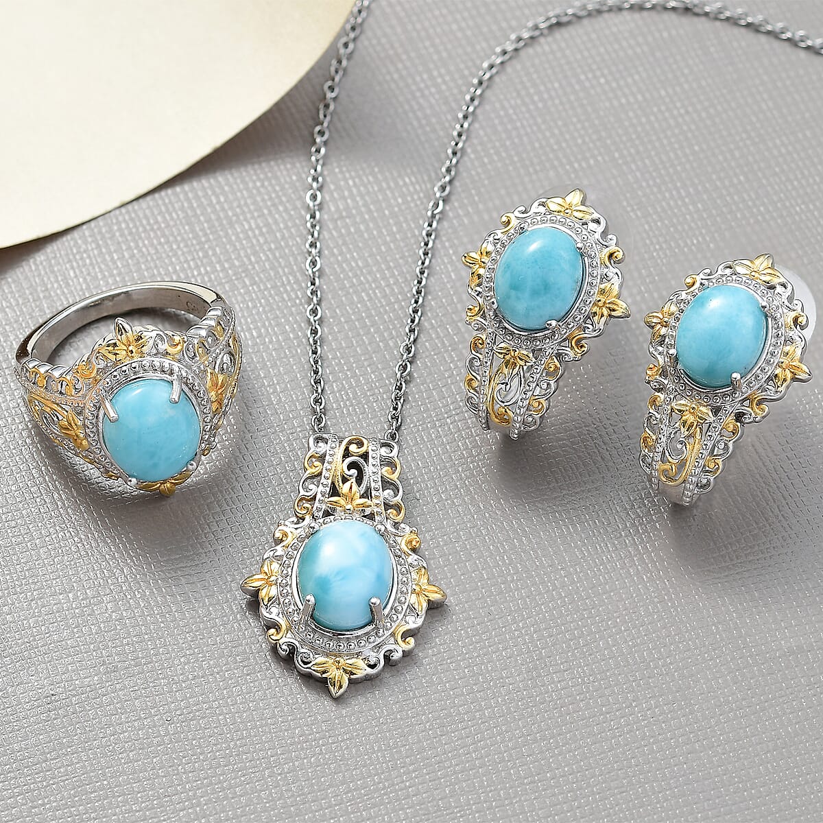Larimar 14.90 ctw Earrings, Ring (Size 10.0), Pendant in 14K YG and Platinum Over Copper with Stainless Steel Necklace 20 Inches image number 1