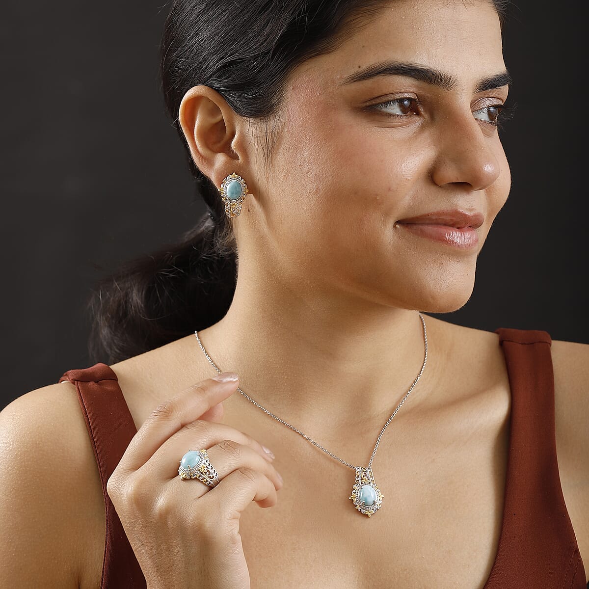 Larimar 14.90 ctw Earrings, Ring (Size 10.0), Pendant in 14K YG and Platinum Over Copper with Stainless Steel Necklace 20 Inches image number 2