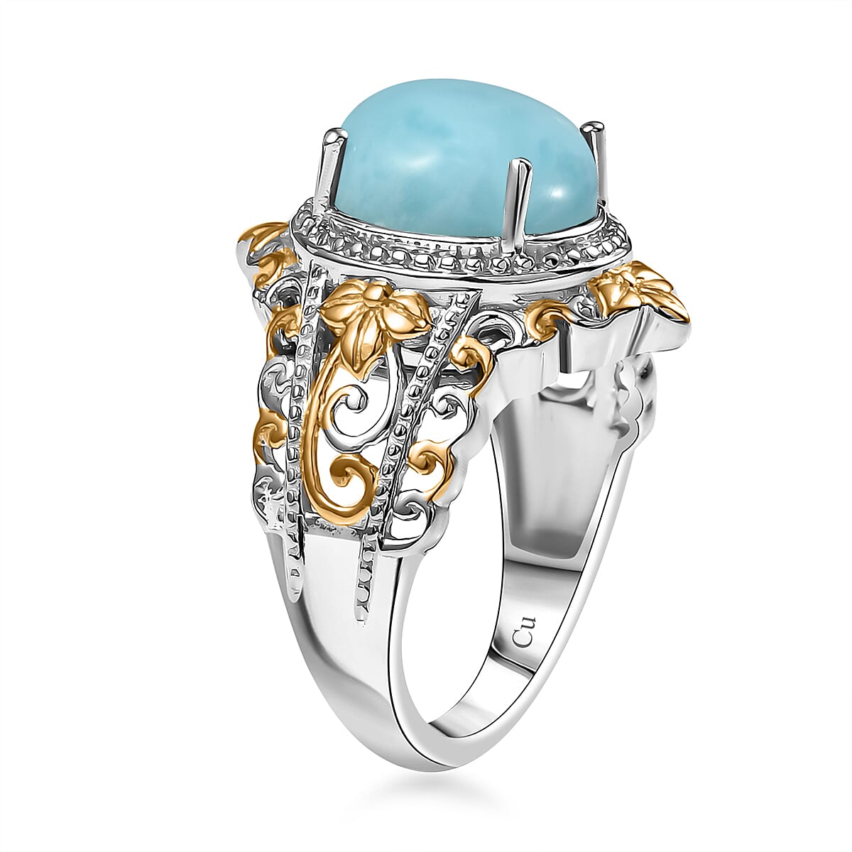 Larimar 14.90 ctw Earrings, Ring (Size 10.0), Pendant in 14K YG and Platinum Over Copper with Stainless Steel Necklace 20 Inches image number 4