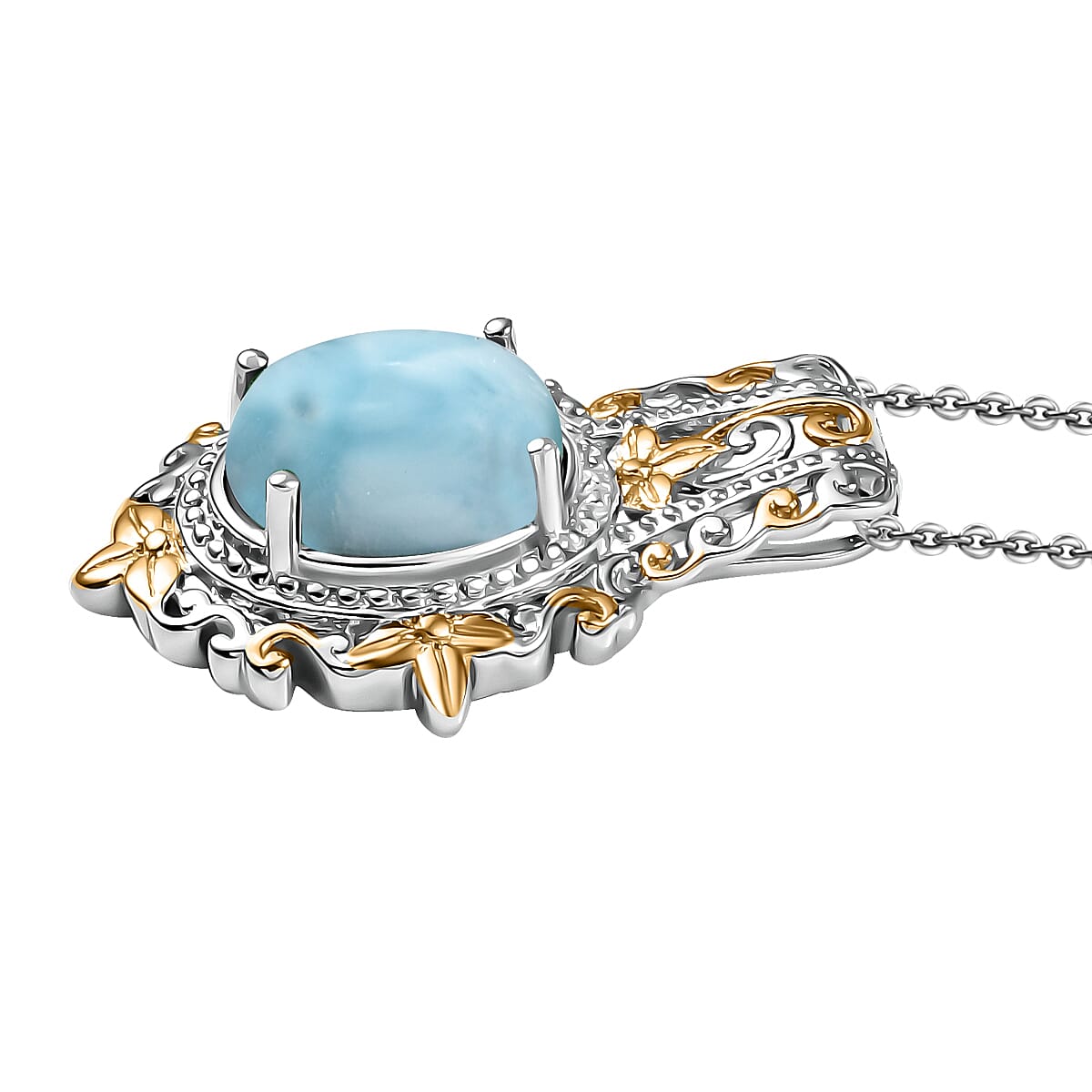 Larimar 14.90 ctw Earrings, Ring (Size 10.0), Pendant in 14K YG and Platinum Over Copper with Stainless Steel Necklace 20 Inches image number 6