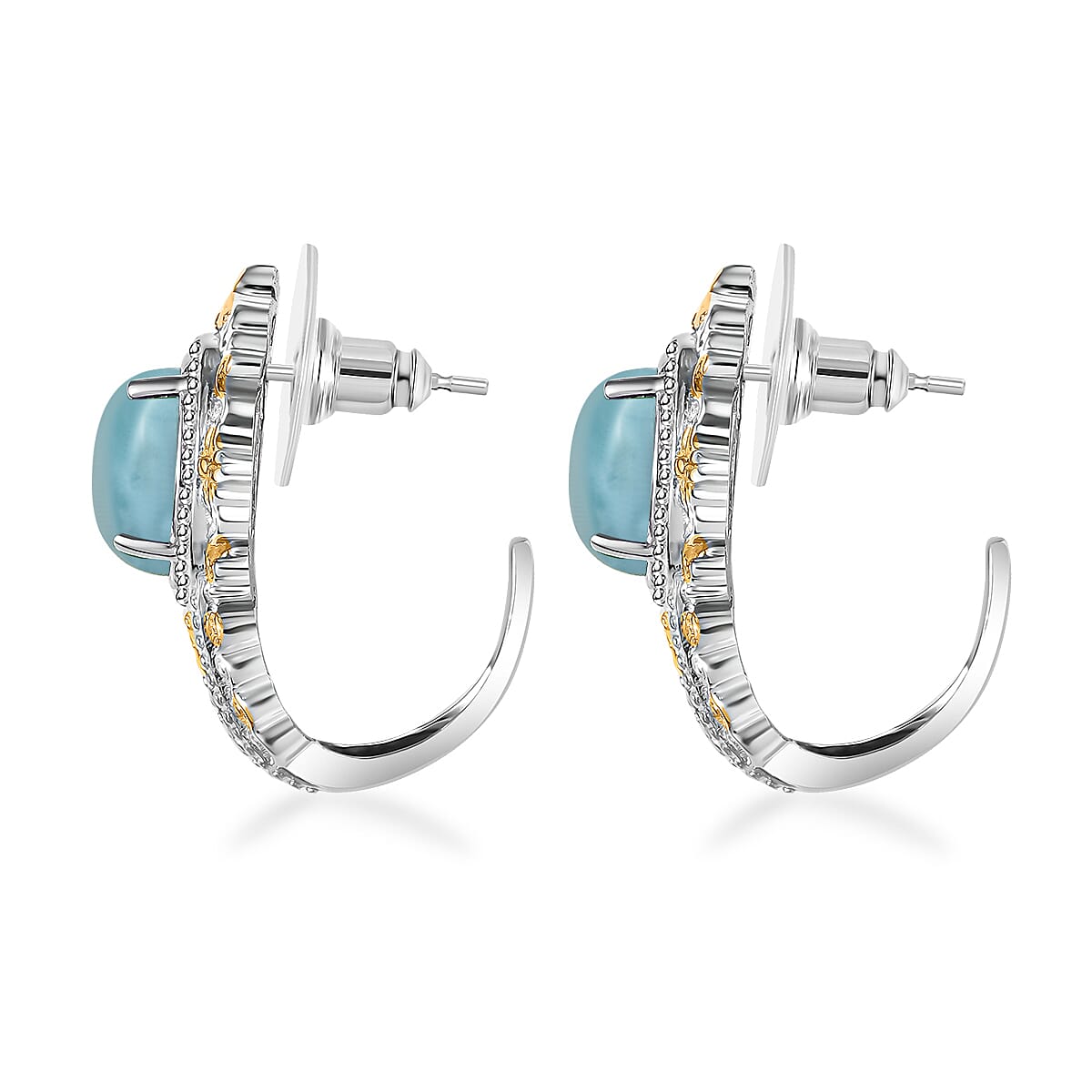 Larimar 14.90 ctw Earrings, Ring (Size 10.0), Pendant in 14K YG and Platinum Over Copper with Stainless Steel Necklace 20 Inches image number 7