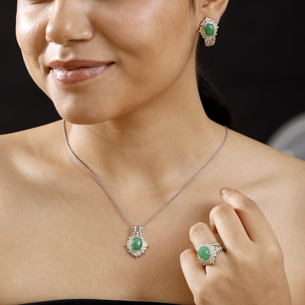 Green Jade (D) 17.40 ctw Earrings, Ring (Size 5.0) and Pendant in 14K YG and Platinum Over Copper with Magnet with Stainless Steel Necklace 20 Inches image number 2