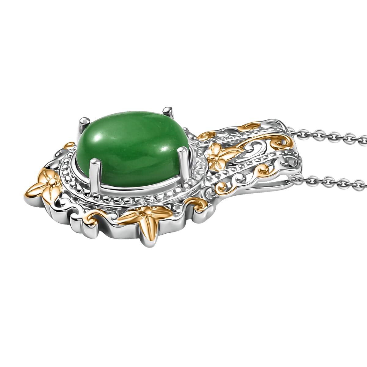 Green Jade (D) 17.40 ctw Earrings, Ring (Size 5.0) and Pendant in 14K YG and Platinum Over Copper with Magnet with Stainless Steel Necklace 20 Inches image number 6