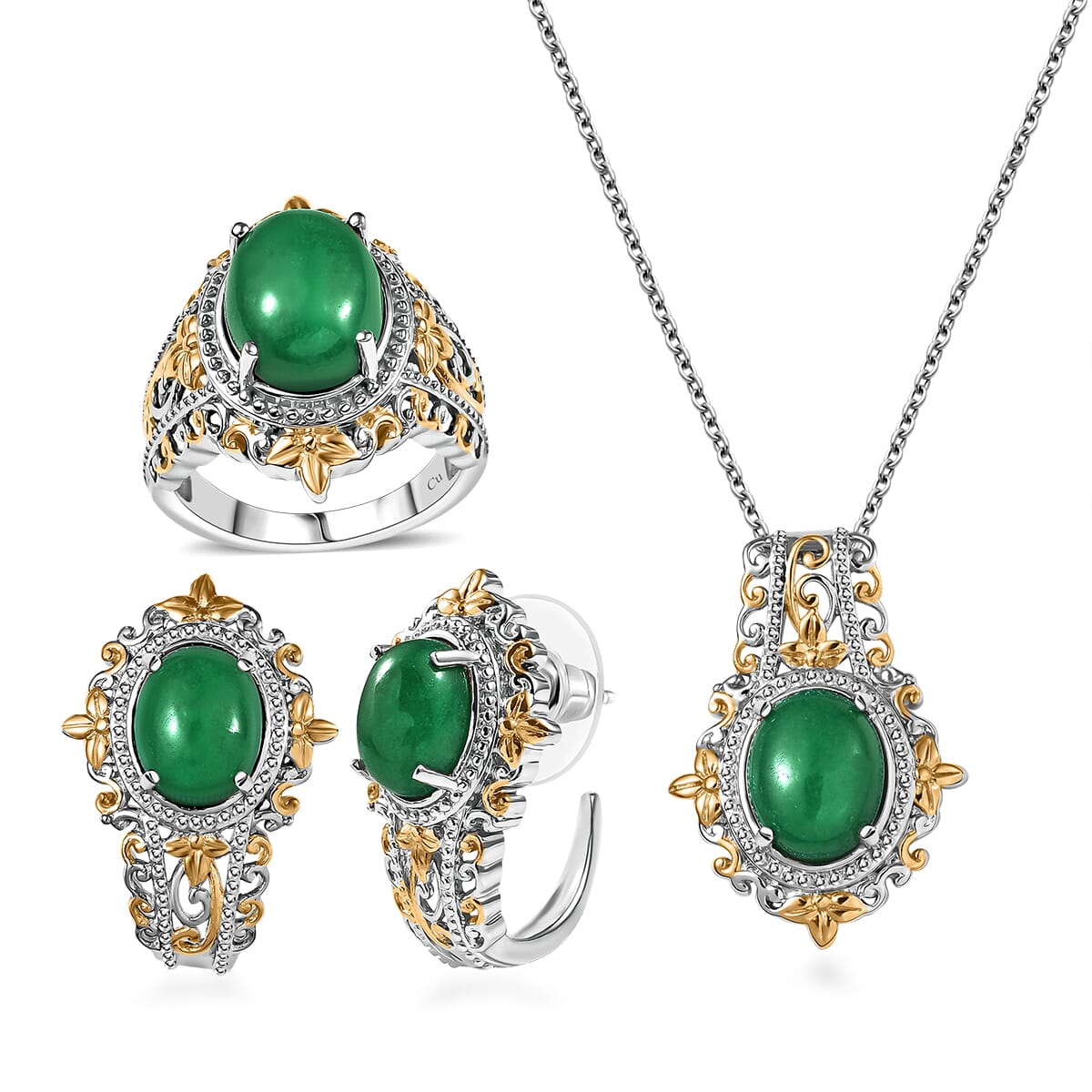 Green Jade (D) 17.40 ctw Earrings, Ring (Size 7.0) and Pendant in 14K YG and Platinum Over Copper with Magnet with Stainless Steel Necklace (20 Inches)  image number 0