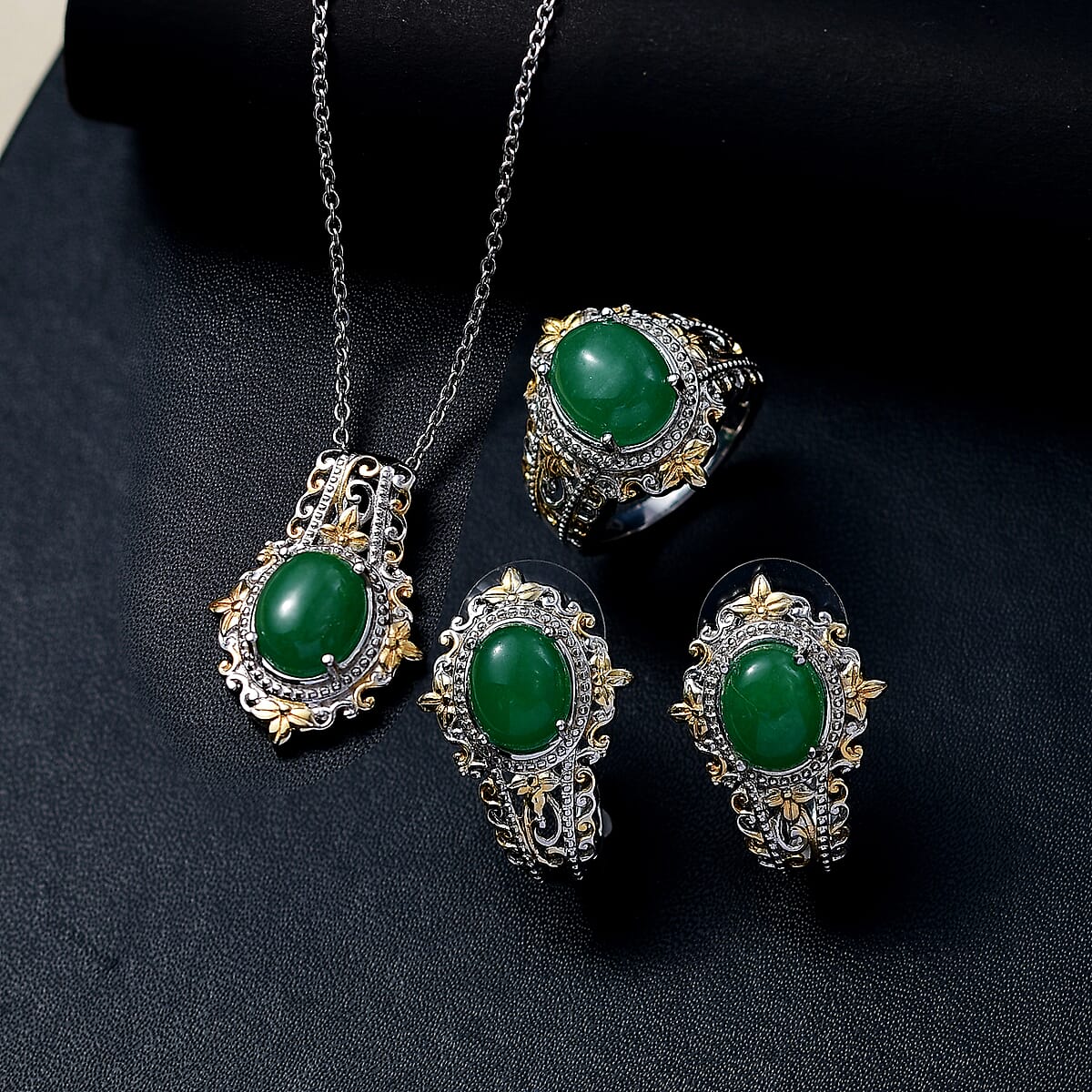 Green Jade (D) 17.40 ctw Earrings, Ring (Size 10.0) and Pendant in 14K YG and Platinum Over Copper with Magnet with Stainless Steel Necklace (20 Inches)  image number 1