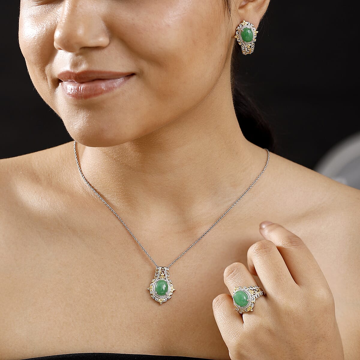 Green Jade (D) 17.40 ctw Earrings, Ring (Size 10.0) and Pendant in 14K YG and Platinum Over Copper with Magnet with Stainless Steel Necklace (20 Inches)  image number 2