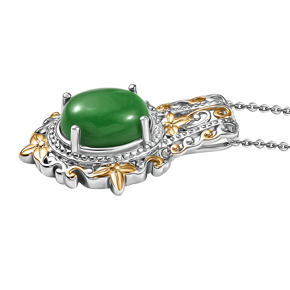 Green Jade (D) 17.40 ctw Earrings, Ring (Size 10.0) and Pendant in 14K YG and Platinum Over Copper with Magnet with Stainless Steel Necklace (20 Inches)  image number 6