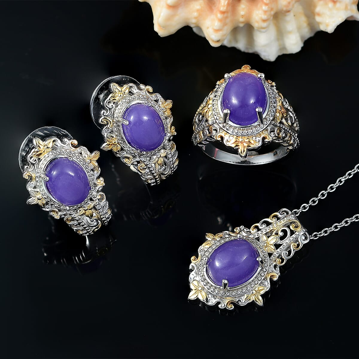 Purple Jade (D) 18.20 ctw Earrings, Ring (Size 6.0) and Pendant in 14K YG and Platinum Over Copper with Magnet with Stainless Steel Necklace (20 Inches)  image number 1