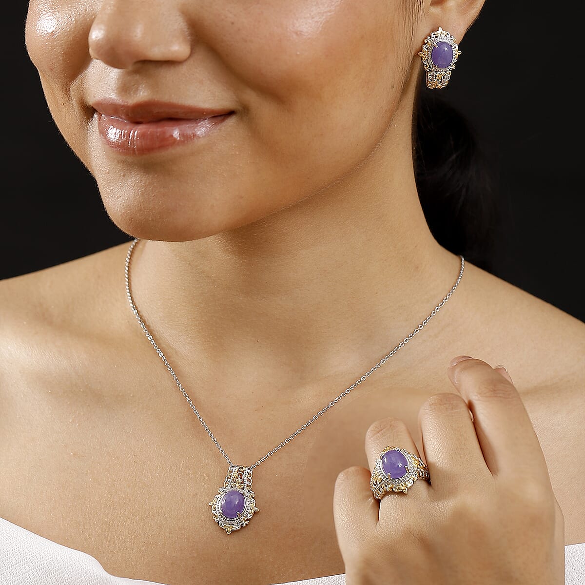 Purple Jade (D) 18.20 ctw Earrings, Ring (Size 6.0) and Pendant in 14K YG and Platinum Over Copper with Magnet with Stainless Steel Necklace (20 Inches)  image number 2