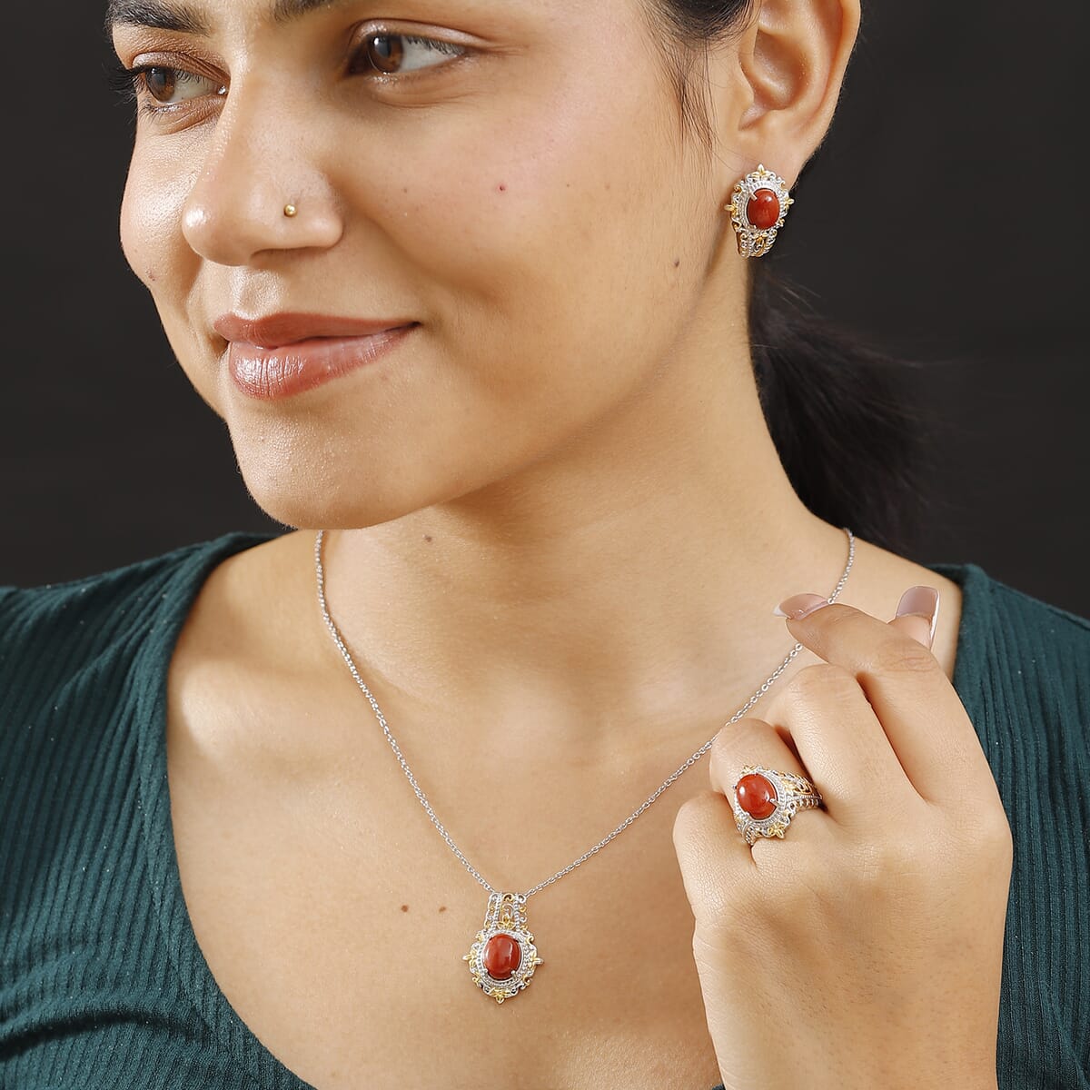 Red Jade (D) 17.40 ctw Earrings, Ring (Size 9.0) and Pendant in 14K YG and Platinum Over Copper with Magnet with Stainless Steel Necklace 20 Inches image number 2