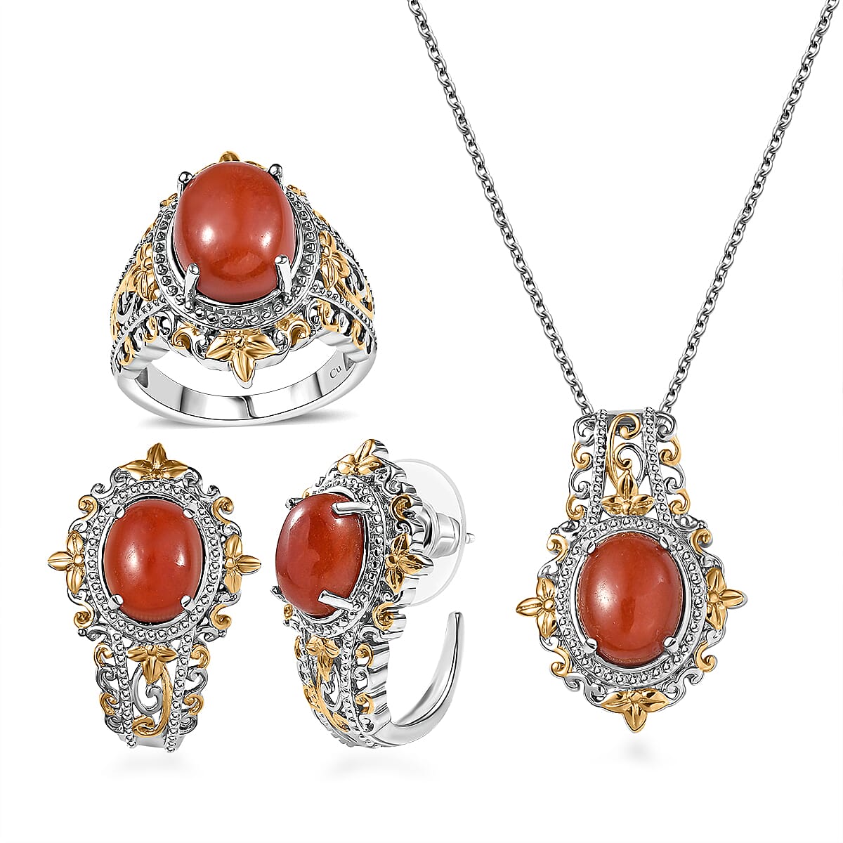 Red Jade (D) 17.40 ctw Earrings, Ring (Size 6.0) and Pendant in 18K YG and Platinum Over Copper with Magnet with Stainless Steel Necklace (20 Inches) image number 0