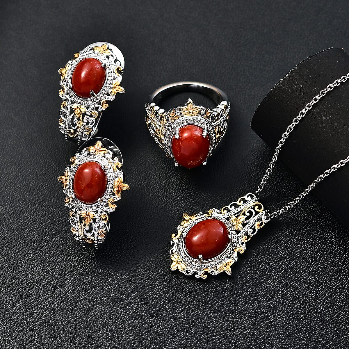 Red Jade (D) 17.40 ctw Earrings, Ring (Size 6.0) and Pendant in 18K YG and Platinum Over Copper with Magnet with Stainless Steel Necklace (20 Inches) image number 1