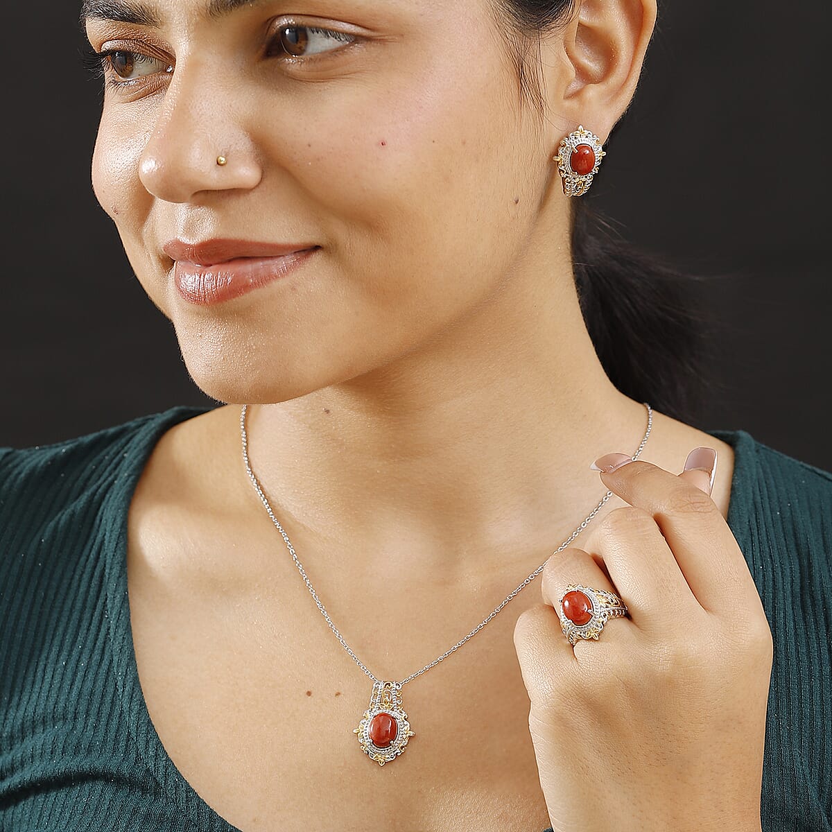 Red Jade (D) 17.40 ctw Earrings, Ring (Size 6.0) and Pendant in 18K YG and Platinum Over Copper with Magnet with Stainless Steel Necklace (20 Inches) image number 2