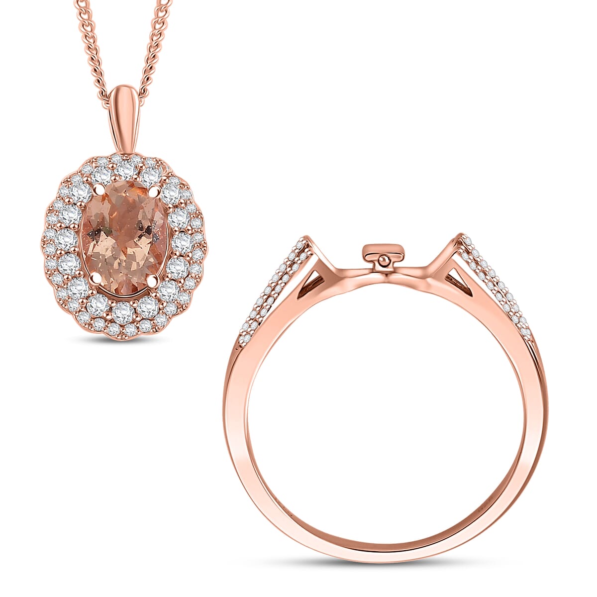 Marropino Morganite and White Zircon 1.90 ctw Interchangeable Double Halo Ring (Size 5.00) and Pendant Necklace 18 Inches in 18K Vermeil Rose Gold Over Sterling Silver image number 0