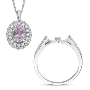 Martha Rocha Kunzite and White Zircon 2.55 ctw Interchangeable Double Halo Ring (Size 6.00), Pendant Necklace (18 Inches) in 18K Vermeil RG and Rhodium Over Sterling Silver 