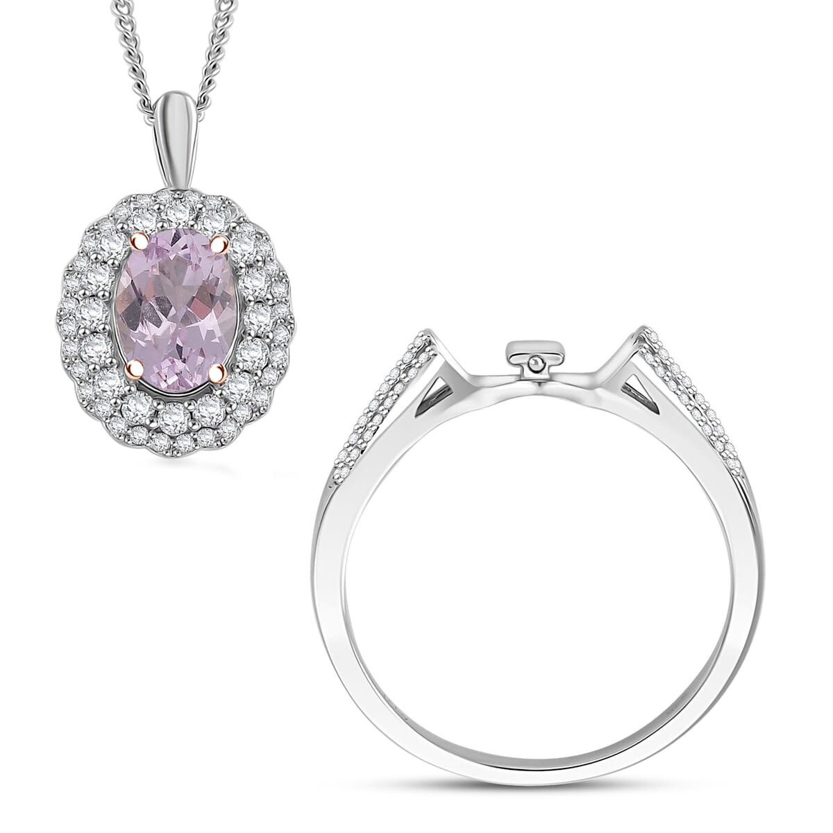 Martha Rocha Kunzite and White Zircon 2.55 ctw Interchangeable Double Halo Ring (Size 7.00), Pendant Necklace (18 Inches) in 18K Vermeil RG and Rhodium Over Sterling Silver  image number 0