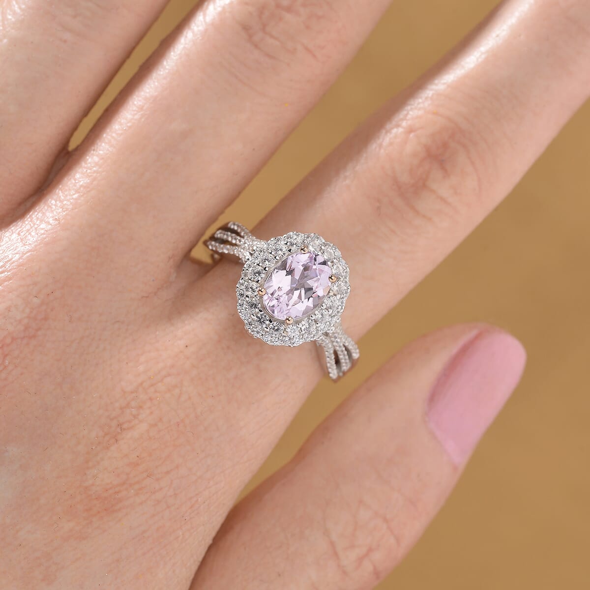 Martha Rocha Kunzite and White Zircon 2.55 ctw Interchangeable Double Halo Ring (Size 7.00), Pendant Necklace (18 Inches) in 18K Vermeil RG and Rhodium Over Sterling Silver  image number 1