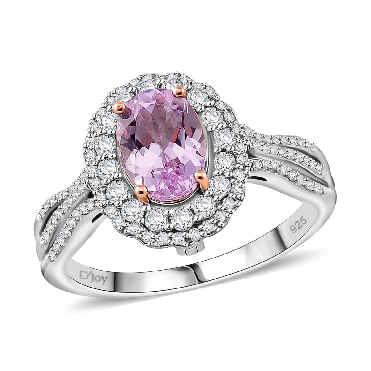 Martha Rocha Kunzite and White Zircon 2.55 ctw Interchangeable Double Halo Ring (Size 7.00), Pendant Necklace (18 Inches) in 18K Vermeil RG and Rhodium Over Sterling Silver  image number 3