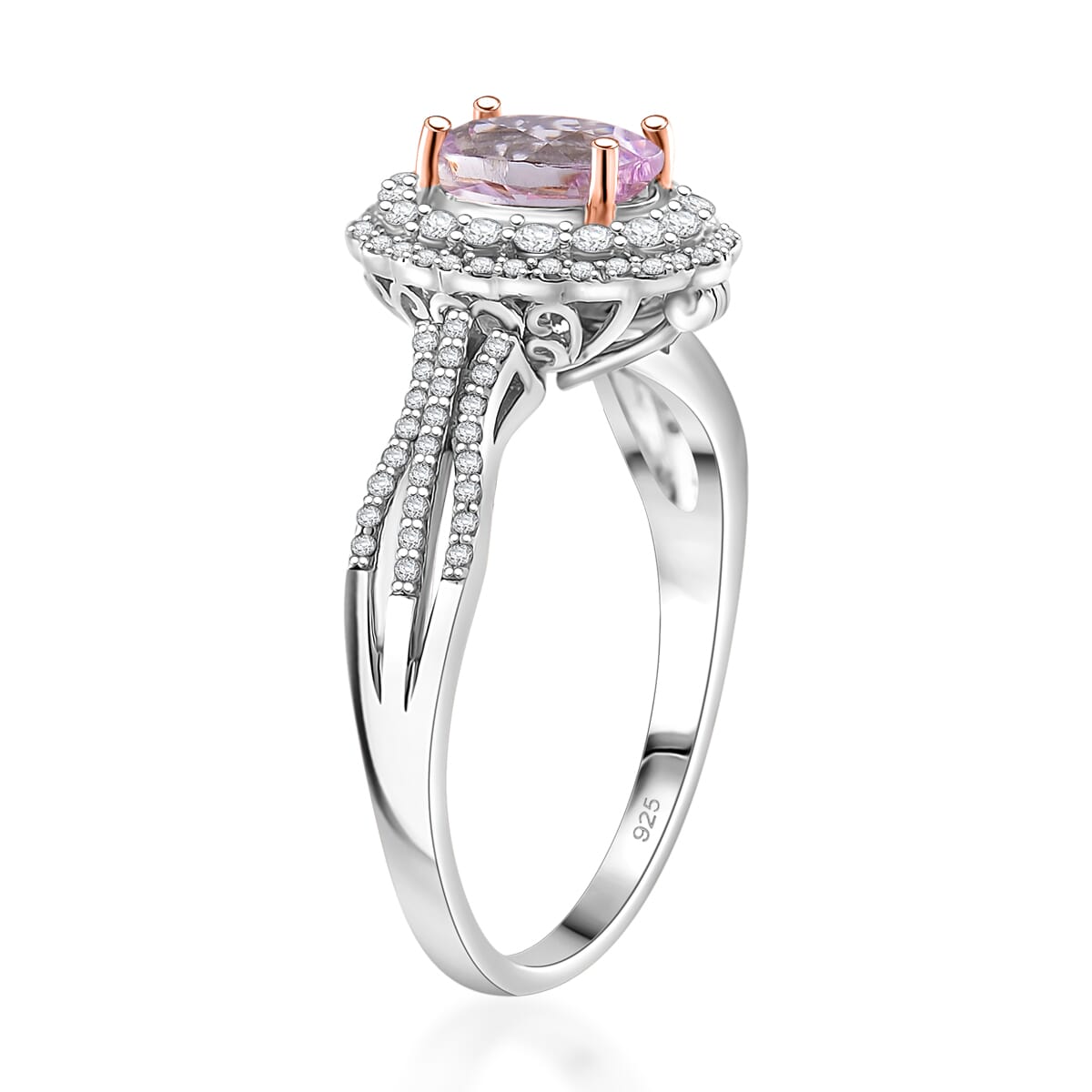 Martha Rocha Kunzite and White Zircon 2.55 ctw Interchangeable Double Halo Ring (Size 7.00), Pendant Necklace (18 Inches) in 18K Vermeil RG and Rhodium Over Sterling Silver  image number 4