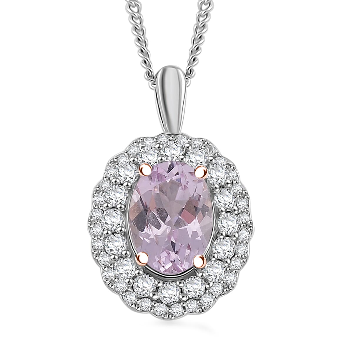 Martha Rocha Kunzite and White Zircon 2.55 ctw Interchangeable Double Halo Ring (Size 7.00), Pendant Necklace (18 Inches) in 18K Vermeil RG and Rhodium Over Sterling Silver  image number 6