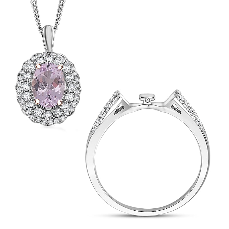 Martha Rocha Kunzite and White Zircon 2.55 ctw Interchangeable Double Halo Ring (Size 9.00), Pendant Necklace (18 Inches) in 18K Vermeil RG and Rhodium Over Sterling Silver