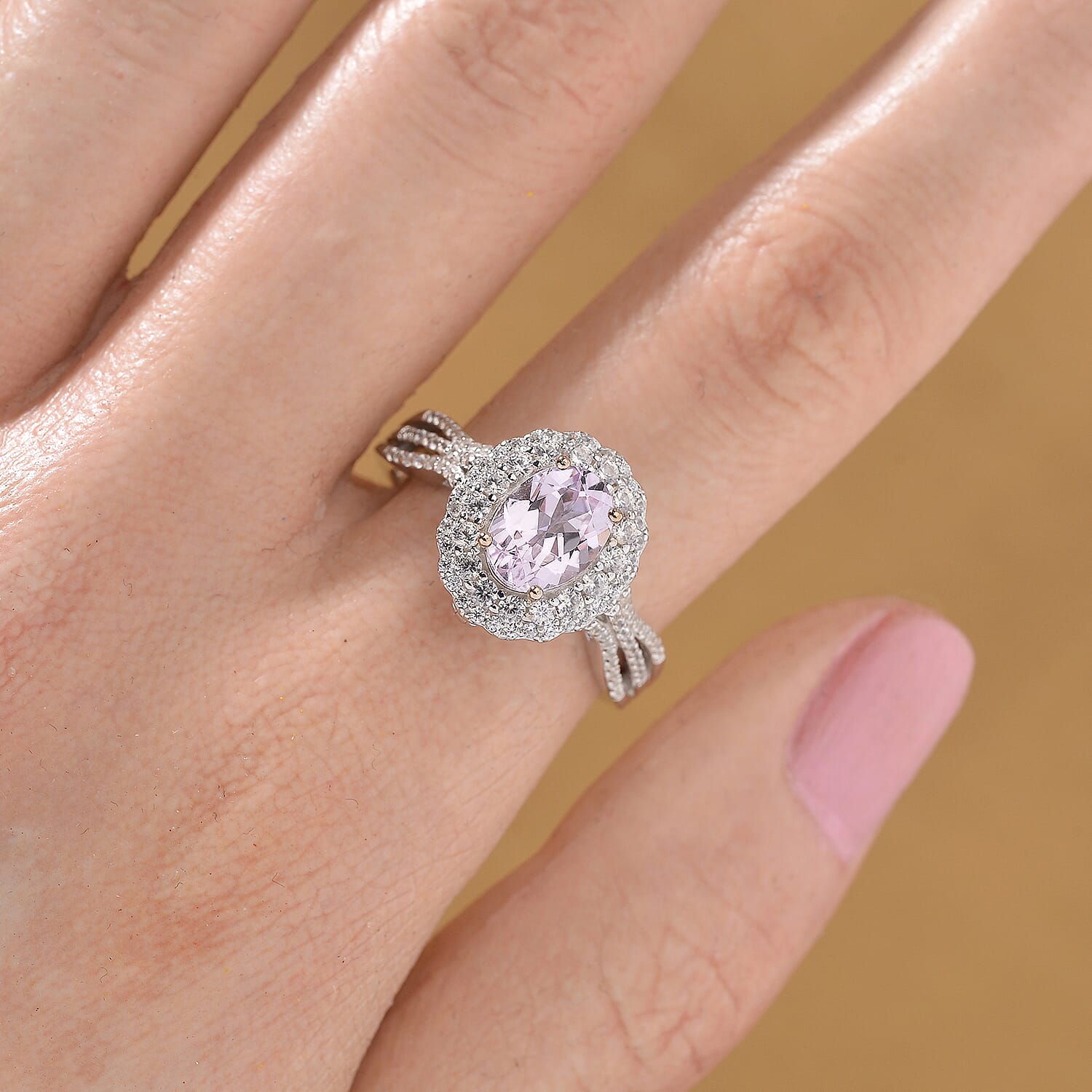 Martha Rocha Kunzite and White Zircon 2.55 ctw Interchangeable Double Halo Ring (Size 9.00), Pendant Necklace (18 Inches) in 18K Vermeil RG and Rhodium Over Sterling Silver