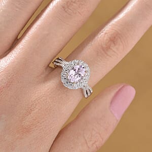 Martha Rocha Kunzite and White Zircon 2.55 ctw Interchangeable Double Halo Ring (Size 9.00), Pendant Necklace (18 Inches) in 18K Vermeil RG and Rhodium Over Sterling Silver 