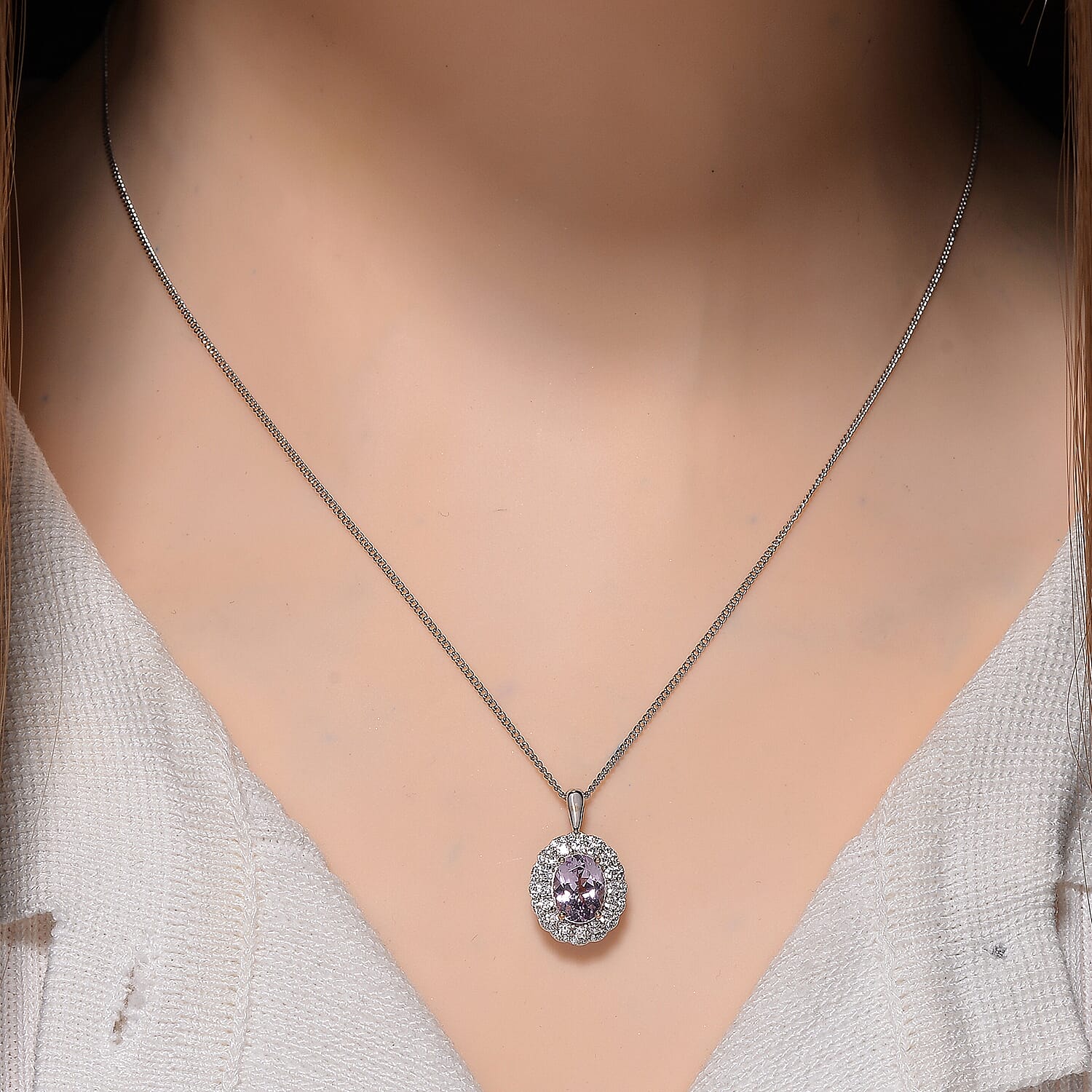 Martha Rocha Kunzite and White Zircon 2.55 ctw Interchangeable Double Halo Ring (Size 9.00), Pendant Necklace (18 Inches) in 18K Vermeil RG and Rhodium Over Sterling Silver