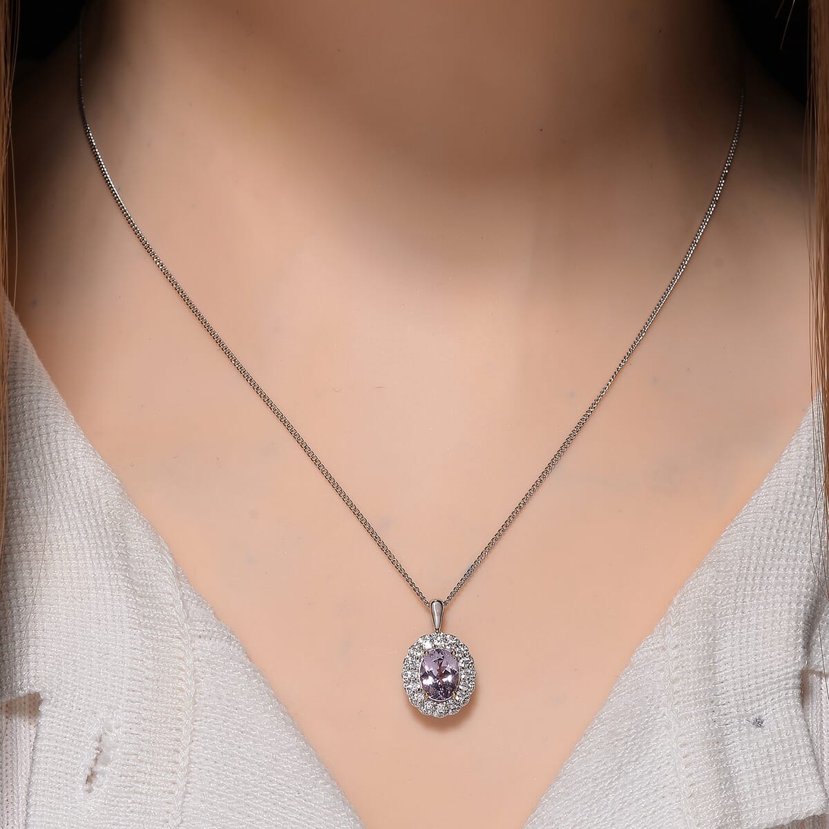Martha Rocha Kunzite and White Zircon 2.55 ctw Interchangeable Double Halo Ring (Size 9.00), Pendant Necklace (18 Inches) in 18K Vermeil RG and Rhodium Over Sterling Silver  image number 2