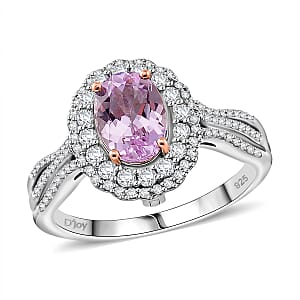 Martha Rocha Kunzite and White Zircon 2.55 ctw Interchangeable Double Halo Ring (Size 9.00), Pendant Necklace (18 Inches) in 18K Vermeil RG and Rhodium Over Sterling Silver 